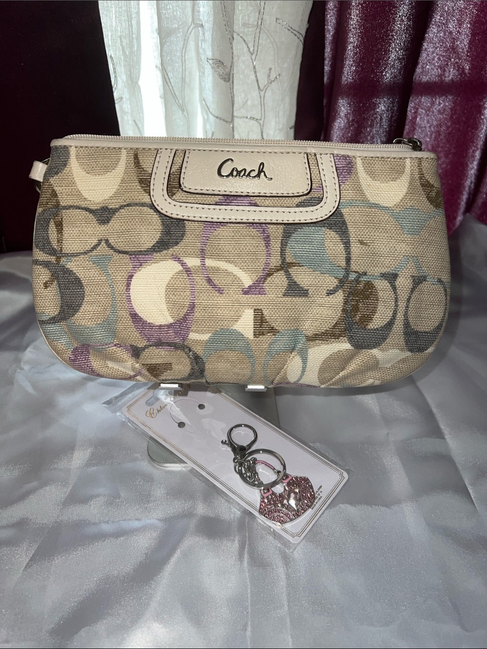 Coach Beige Signature Canvas Wristlet with Pastel Blue and Lavender Accents - Picture 11 of 11